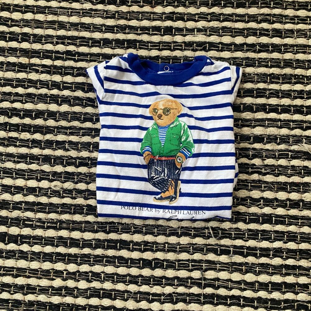 🌿Polo Ralph Lauren Polo Bear Blue Stripe Infant Romper Outfit Bodysuit 3M